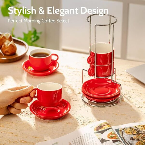 Sweese 4 Ounce Porcelain Stackable Espresso Cups With Saucers And Metal Stand Set Of 4, Red - Image 2
