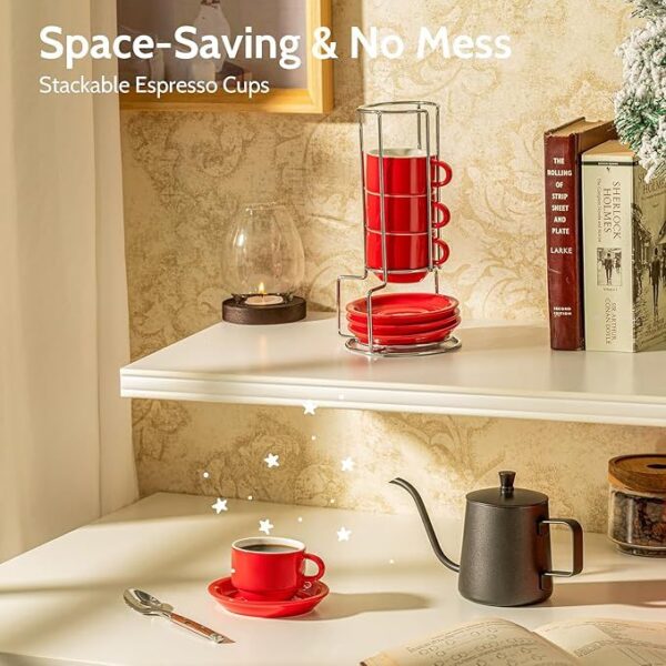 Sweese 4 Ounce Porcelain Stackable Espresso Cups With Saucers And Metal Stand Set Of 4, Red - Image 4