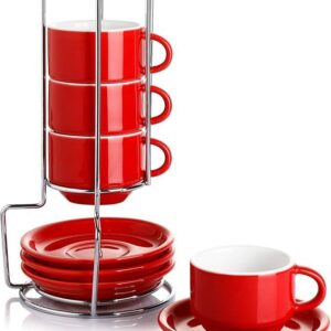 Sweese 4 Ounce Porcelain Stackable Espresso Cups With Saucers And Metal Stand Set Of 4, Red