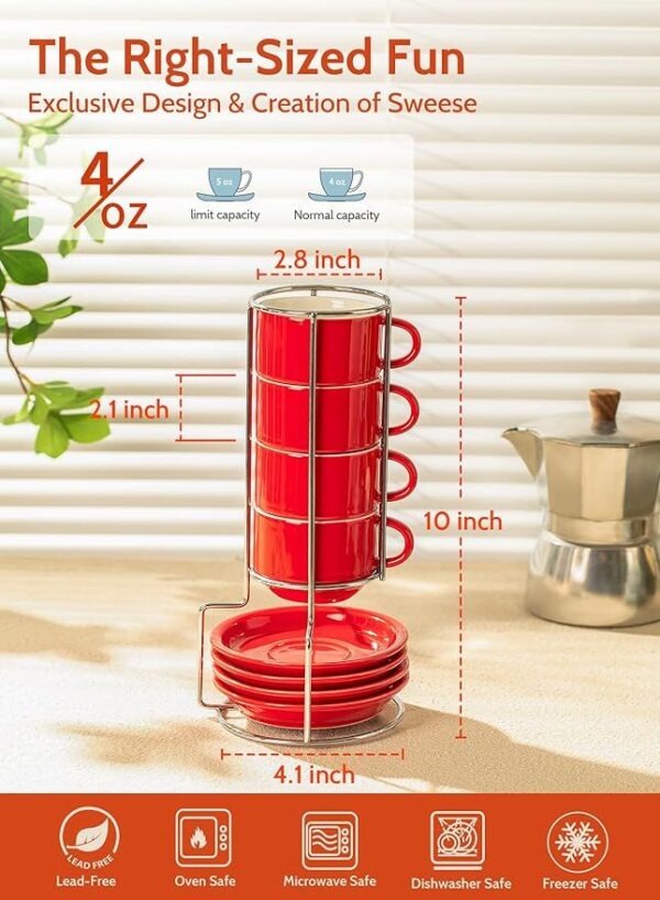 Sweese 4 Ounce Porcelain Stackable Espresso Cups With Saucers And Metal Stand Set Of 4, Red - Image 6