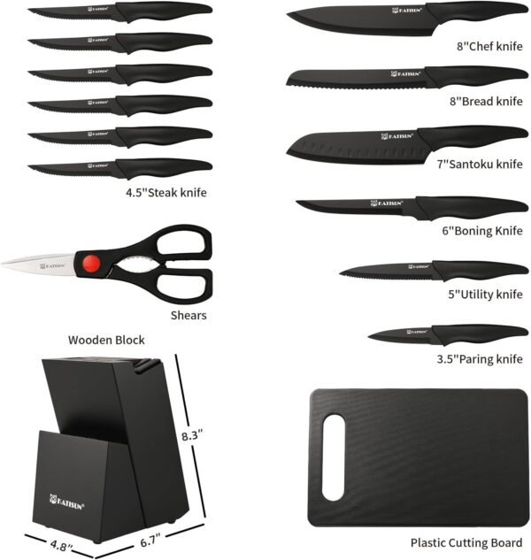 16 Pieces Kitchen Knife Block Set with Cutting Board, German Premium Quality Stainless Steel, Built-in sharpener, Dishwasher Safe, 6 Steak Knives, Anti-slip handle, Black - Image 2