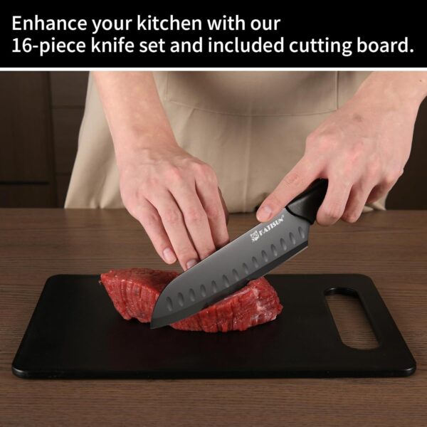 16 Pieces Kitchen Knife Block Set with Cutting Board, German Premium Quality Stainless Steel, Built-in sharpener, Dishwasher Safe, 6 Steak Knives, Anti-slip handle, Black - Image 6