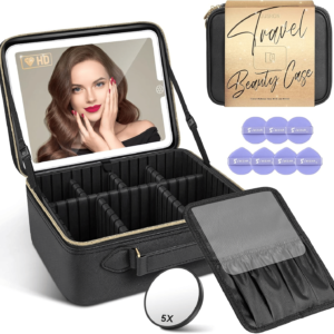Travel Makeup Bag With LED Mirror,Train Case with Light up Mirror, Portable Makeup Artist Organizer Bag with Adjustable Dividers, Makeup Brush Holder Storage(Black, Large)